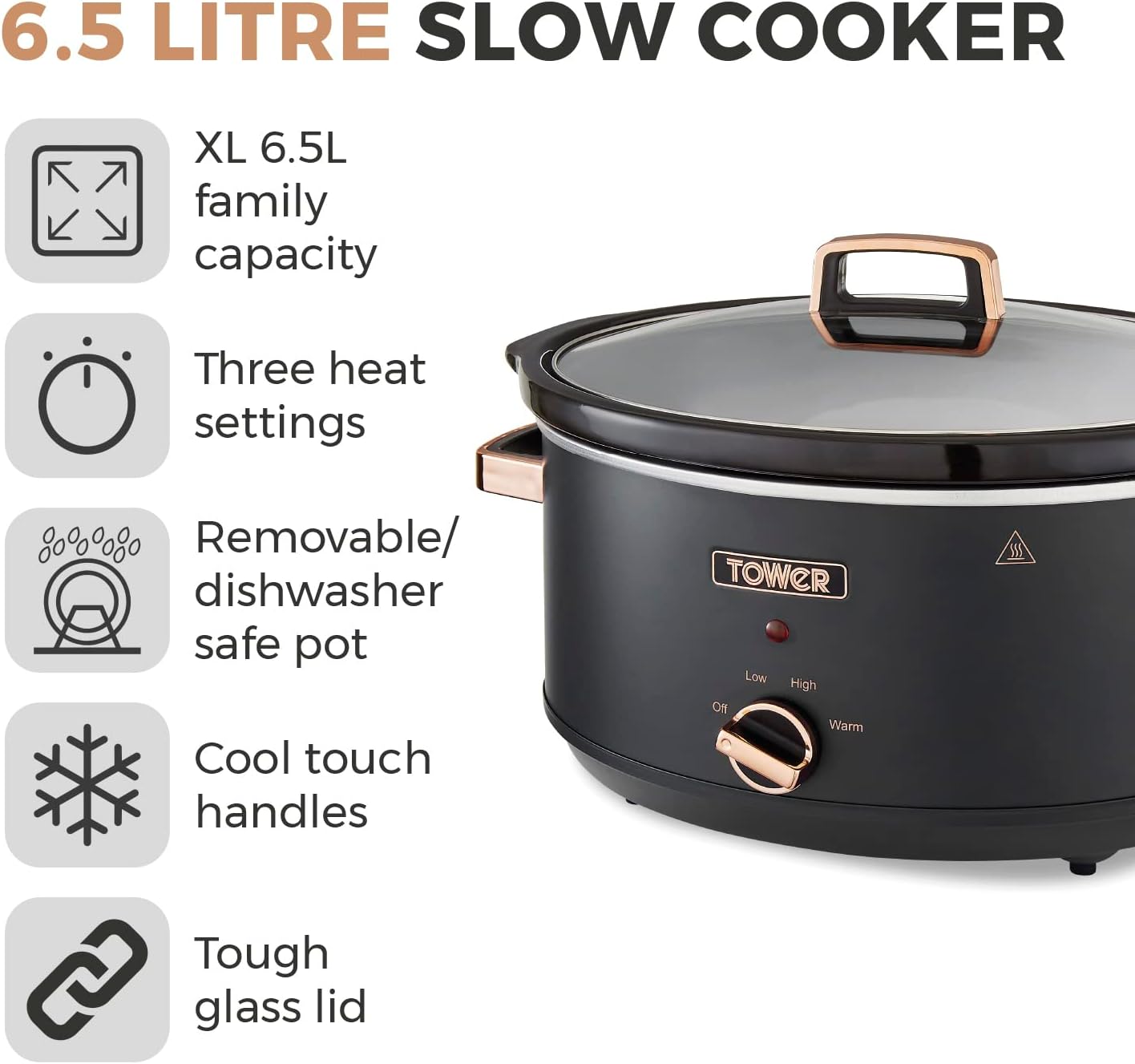 Tower T16043BLK Cavaletto 6.5 Litre Slow Cooker with 3 Heat Settings, Cool Touch Handles, Black and Rose Gold