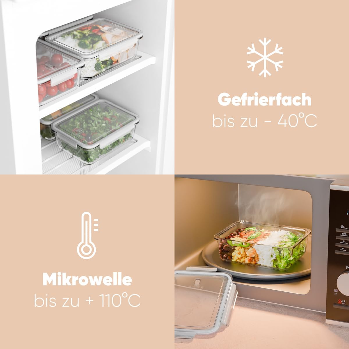 Classbach® C-FHD 4020 G Glass Food Storage Containers with Lid, Set of 3, Suitable for Microwave, Dishwasher, Freezer, Oven, Meal Prep Boxes, Glass, with Steam Valve, Glass Container with Lid