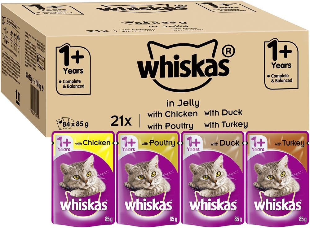 Whiskas 1+ Adult Wet Cat Food Poultry Selection in Jelly 120 x 85g Pouches Megapack, Tender Cuts in Flavoured Gravy, Nutritionally Complete, Easy to Serve, Variety Pack for Adult Cats
