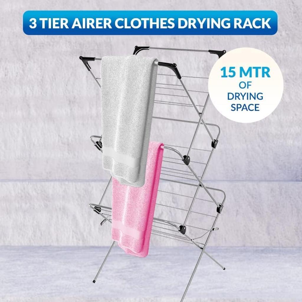 1ABOVE Premium Quality, Alloy Steel 3 Tier Clothes Airer Dryer Laundry Drying Washing Line Horse Indoor Outdoor Towel Rack-15m Drying Space- Non-Slip Feet and Corner spaces for Hangers- Black & Grey