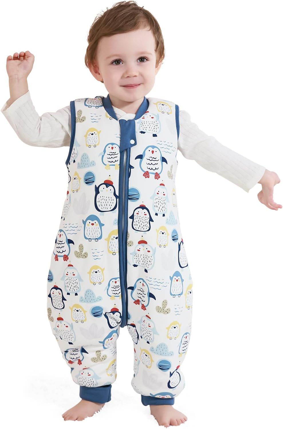 MIKAFEN Baby Winter Sleeping Bag with Feet,100% Cotton Kids Sleeping Bag 2.5Tog with Legs, Blue Penguin 80cm/18-36months