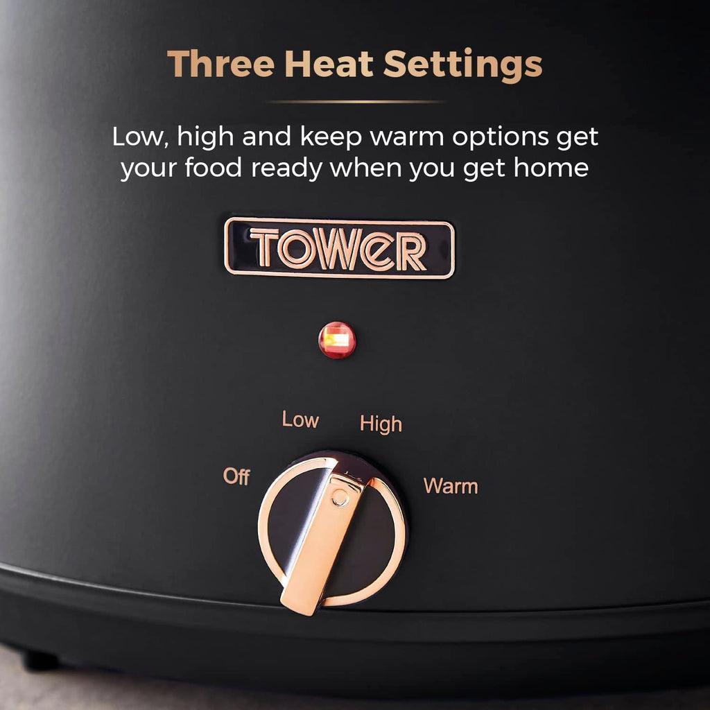Tower T16043BLK Cavaletto 6.5 Litre Slow Cooker with 3 Heat Settings, Cool Touch Handles, Black and Rose Gold