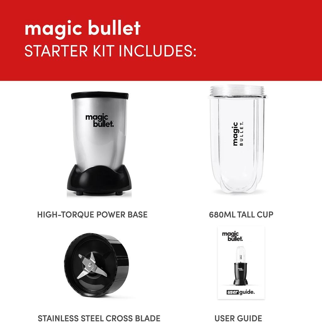 nutribullet magic bullet Starter Kit - All-in-one Food Processor & Blender - 10,000 RPM Speed - 4 Piece Kit with High Torque Power Base, Tall Cup & Flip Top Lid & Cross Blade - For Meal Prep