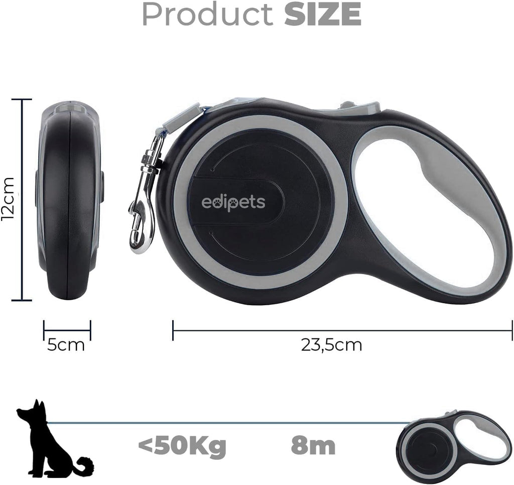 Edipets, Retractable Dog Lead, 3, 5 and 8 Metres, Extendable, Flexible Band for Walks, Dog Leash (Grey, 8 Metres)