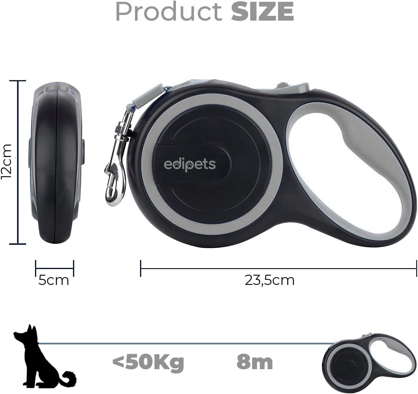 Edipets, Retractable Dog Lead, 3, 5 and 8 Metres, Extendable, Flexible Band for Walks, Dog Leash (Grey, 8 Metres)