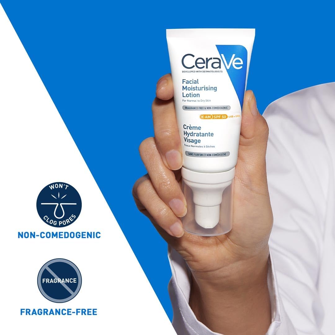 CeraVe AM Facial Moisturising Lotion SPF50 with Ceramides & Vitamin E for Normal to Dry Skin 52ml