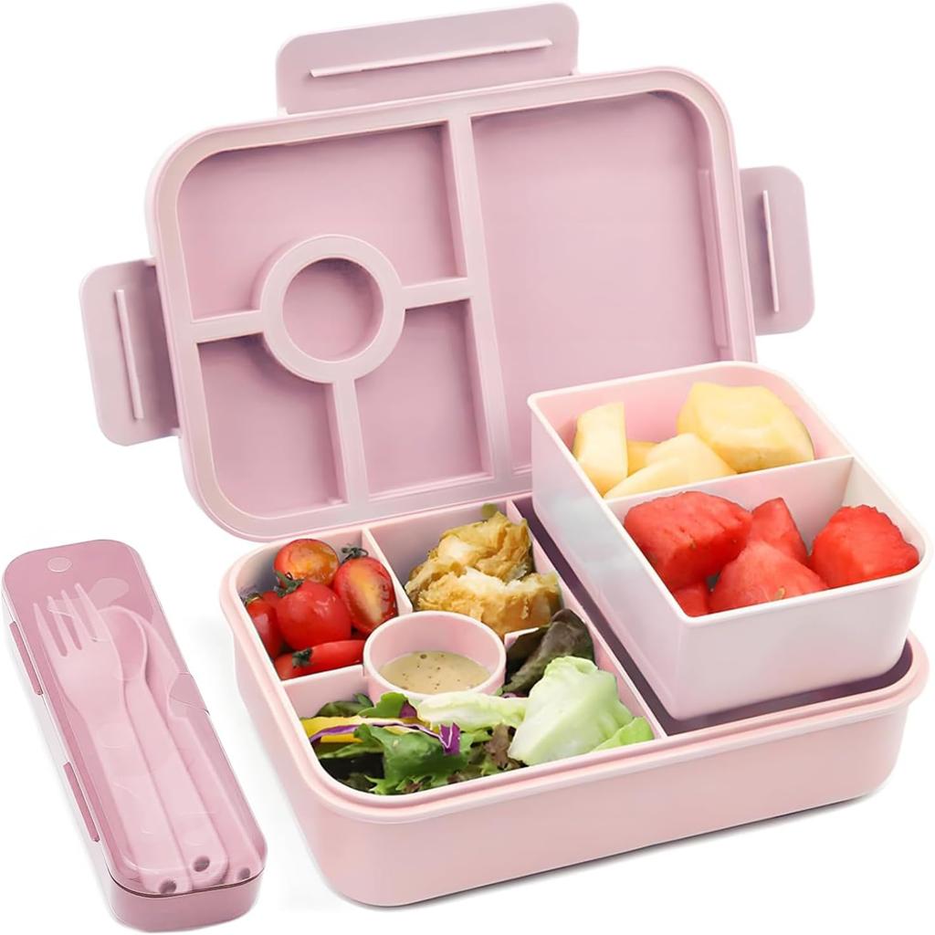 Bugucat Lunch Box 1300ML,Leak-Proof Bento Lunch Box with 4 Compartments,Kids Lunch Box Bento Box Adult with Cutlery, Snack Boxes Bento Boxes with Compartments for School Kindergarten Office,Pink