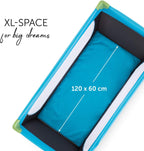 Travel Cot 120 x 60 cm from Birth to 15 kg, 3-Part Travel Bed with Folding Mattress and Carry Bag, Tilt-Resistant, Waterblue