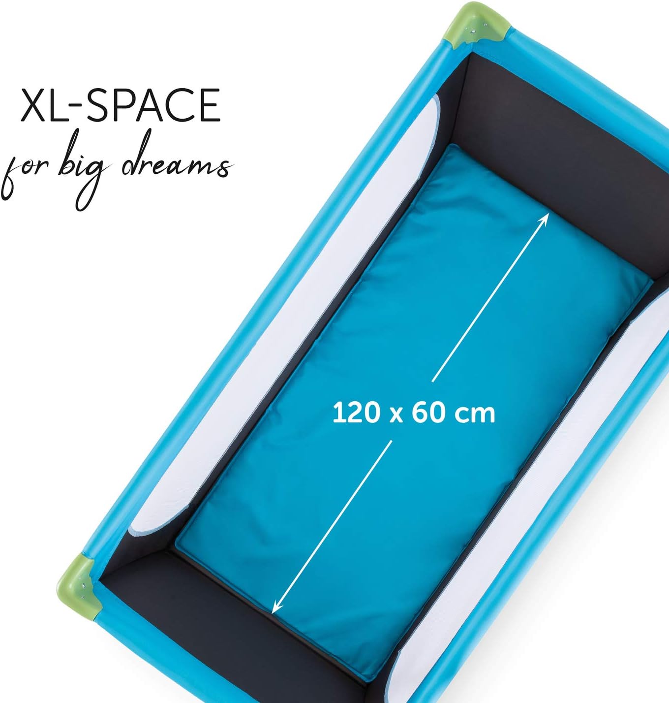 Travel Cot 120 x 60 cm from Birth to 15 kg, 3-Part Travel Bed with Folding Mattress and Carry Bag, Tilt-Resistant, Waterblue