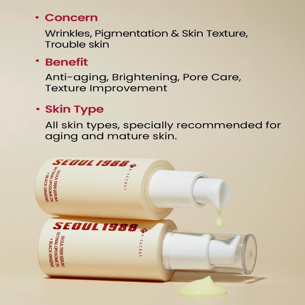 KSECRET SEOUL 1988 Serum: Retinal Liposome 2% + Black Ginseng, 30 ml/1.01 fl.oz | 58% Black Ginseng Extract | Retinal Serum, Bakuchiol, Vitamin C & 3 Peptides for Wrinkle Care | Korean Skincare |
