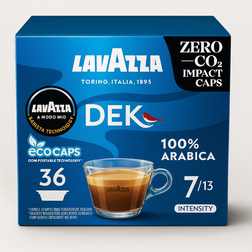 Lavazza, A Modo Mio Dek Cremoso Coffee Capsules, Decaffeinated Coffee Pods Espresso, 100% Arabica, Full and Balanced Taste, Intensity 7/10, Medium Roasting, Compostable, 36 Coffee Capsules