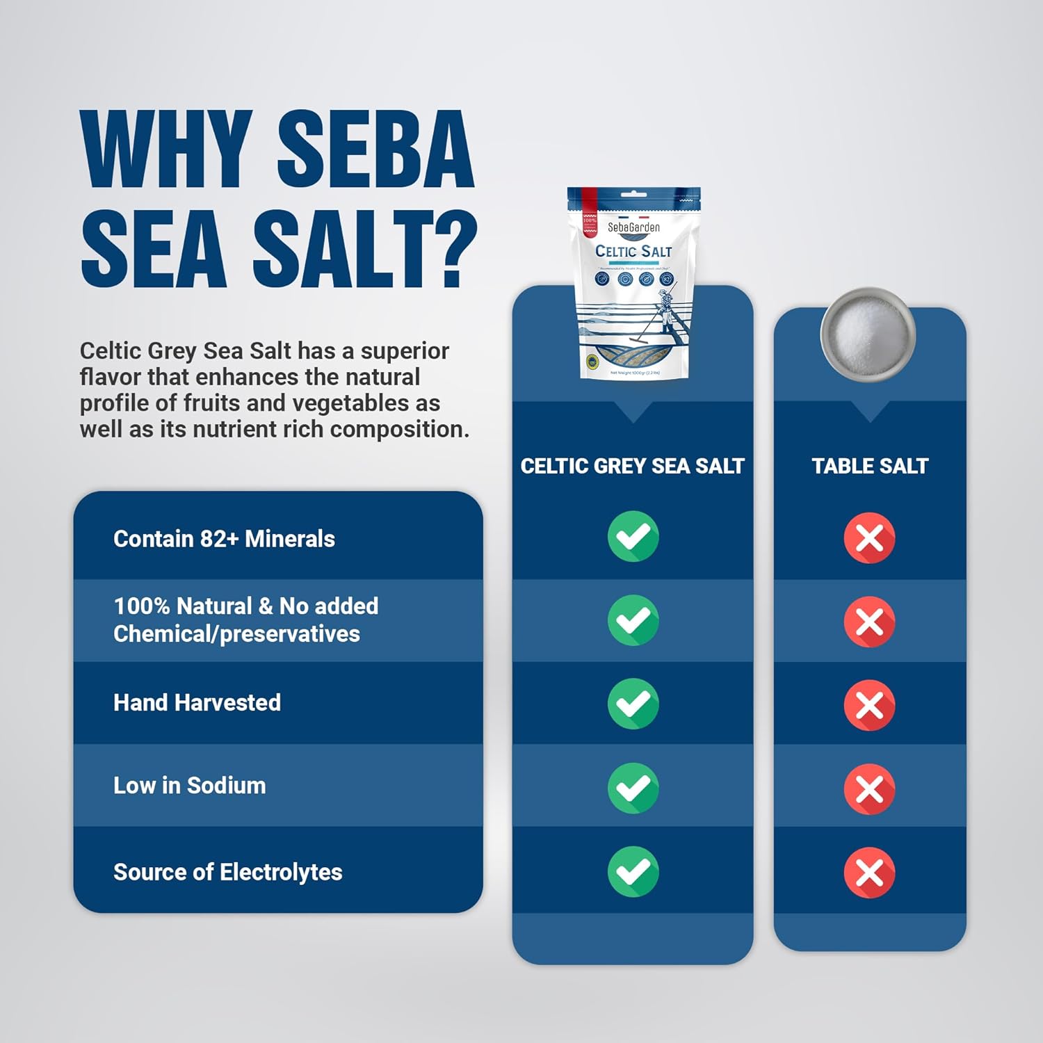 Seba Garden Grey Celtic Sea Salt 1kg Hand Harvested Grey Sea Salt Resealable Bag Contains Over 82 Essential Minerals