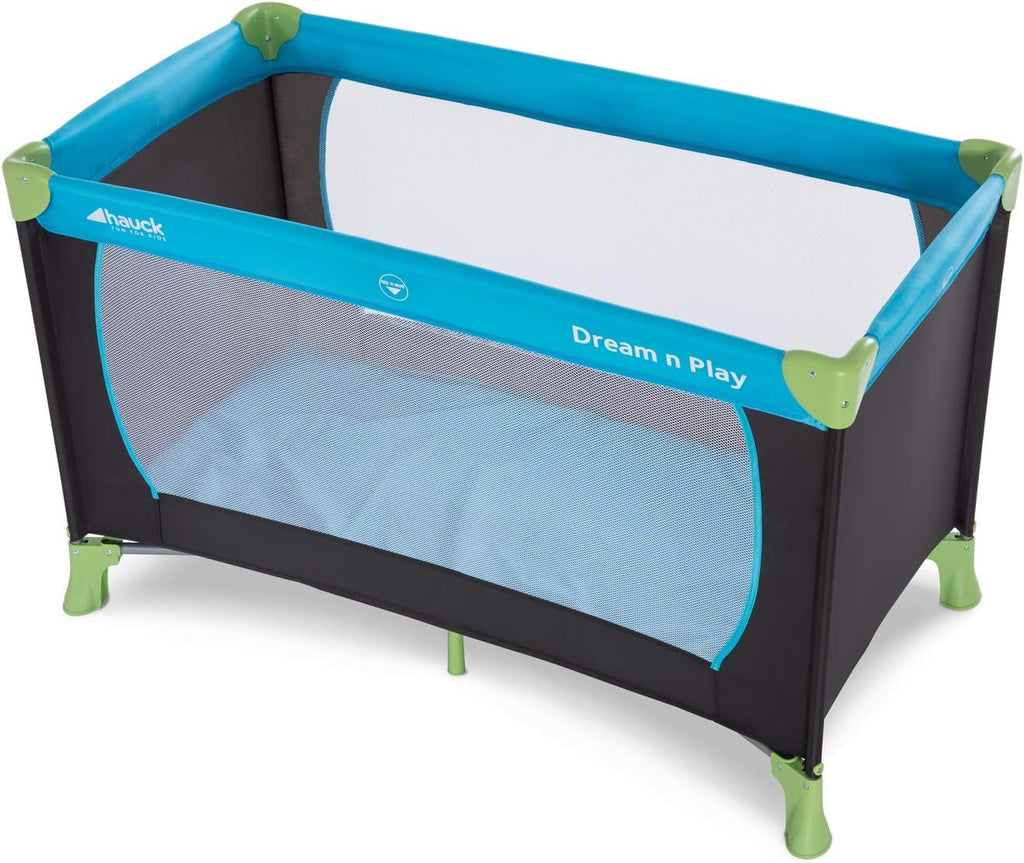 Travel Cot 120 x 60 cm from Birth to 15 kg, 3-Part Travel Bed with Folding Mattress and Carry Bag, Tilt-Resistant, Waterblue