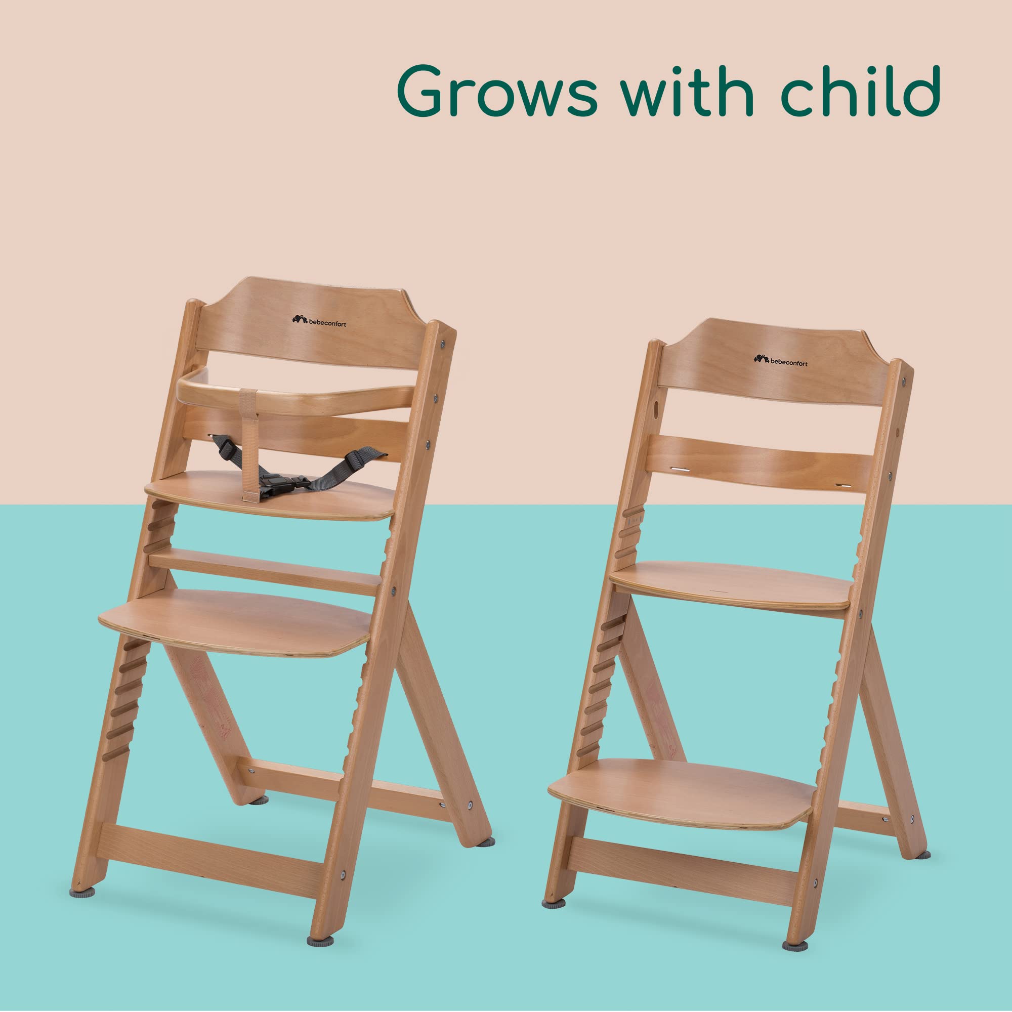 Bebeconfort Timba Evolutive Wooden High Chair, 6 Months-99 Years, Up to 110 kg, Baby High Chair, Removable Tray, Adjustable Seat & Footrest, 3-point Safety Harness, Fits Timba Baby, Natural Wood