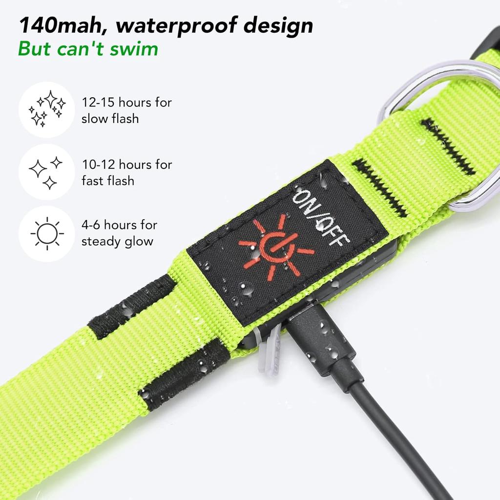 KOSKILL Light-Up Dog Collar, Rechargeable USB Collar, Waterproof, Luminous LED Collar, Adjustable, Super Bright, for Medium/Large Dogs, Green, M