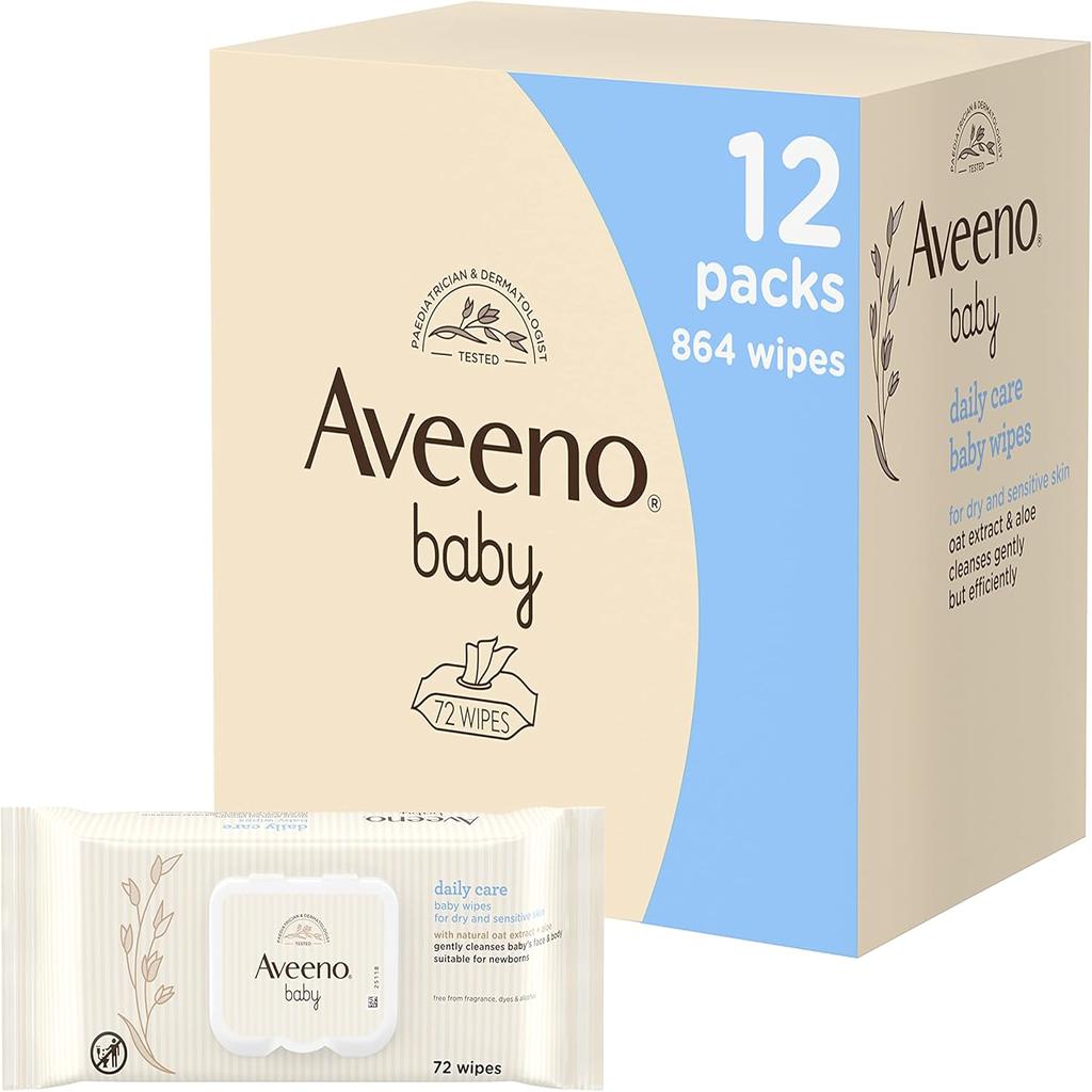 Aveeno Baby Daily Care Wipes Sensitive Skin Cleanse Gently And Efficiently Baby Essentials, White, Pack Of 12 (864 Wipes In Total)