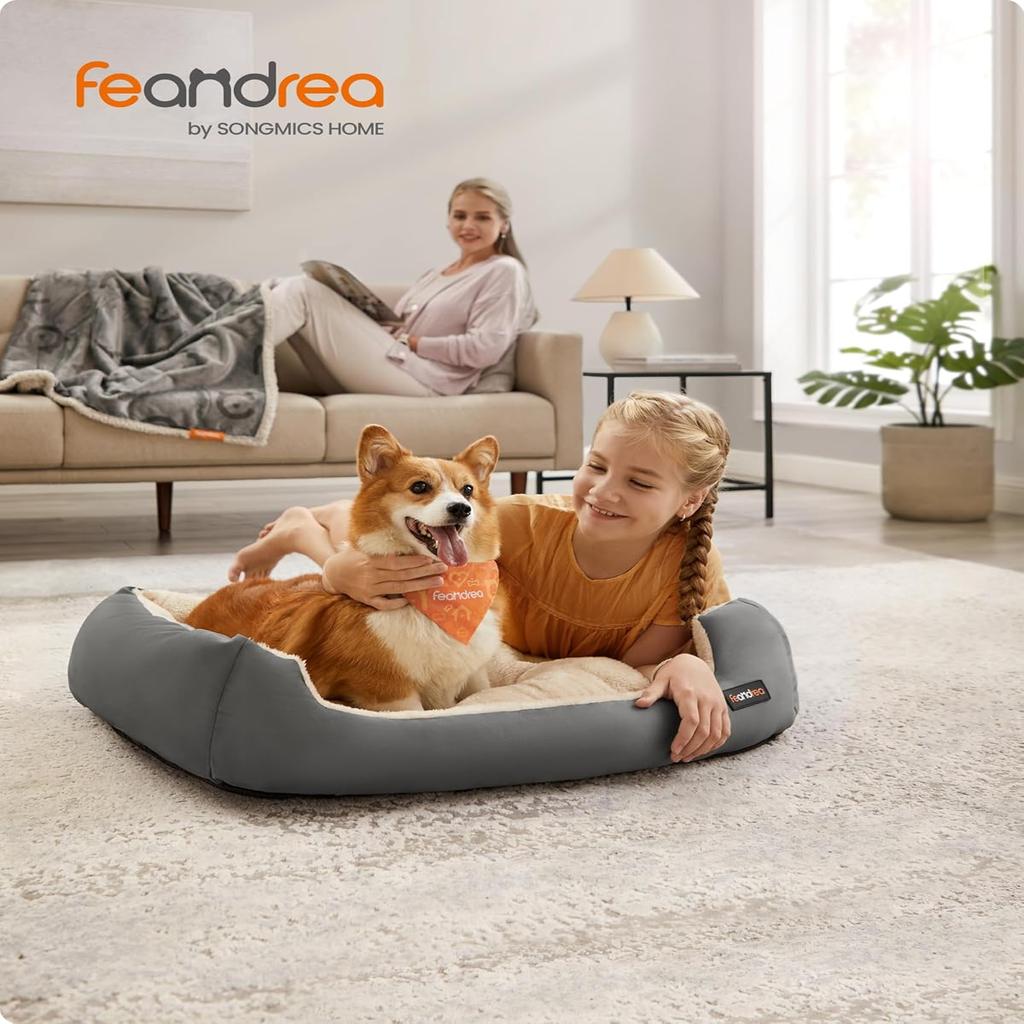 Feandrea Dog Bed Large Washable, Soft Cosy Grey Dog Sofa Bed Puppy Bed for Medium Large Dogs, Removable Reversible Cushion Dog Beds Pet Bed, 85 x 65 x 21 cm, Dark Grey PGW004G01