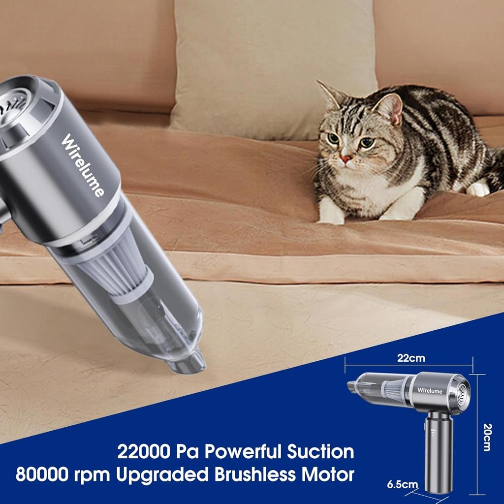 Wirelume Handheld Car Vacuum Cleaner Cordless Powerful 22000Pa Strong Cyclonic Suction Blowing Brushless Motor Portable Rechargable Lightweight for Pet Hair Vehicle Home Office Dark Grey