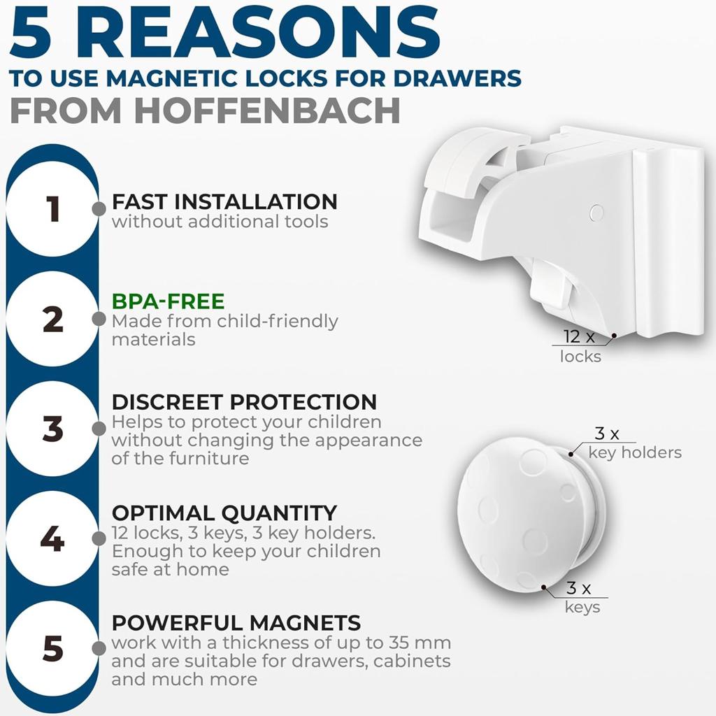 Hoffenbach Magnetic Child Lock with Mounting Aid - Cupboard Lock - Invisible Drawer Lock - for Baby and Children (White, 12 Magnets + 3 Keys)