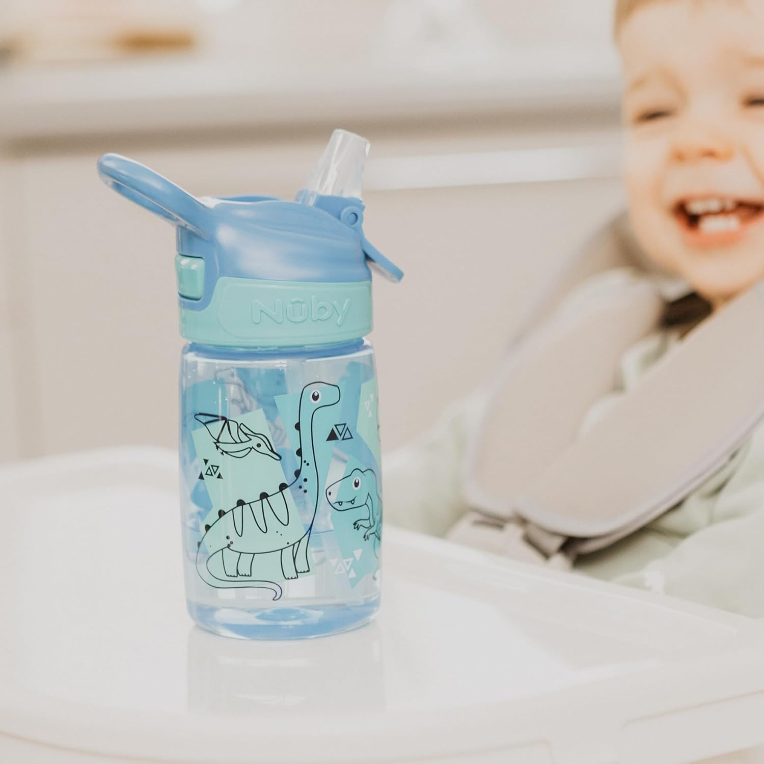 Nuby Incredible Gulp Water Bottle - No Spill, Active Sippy Cup for Toddlers, 360 ml, Carry Handle, Dishwasher and Microwave Safe, Suitable for Ages 18 Months + (Dinosaurs,