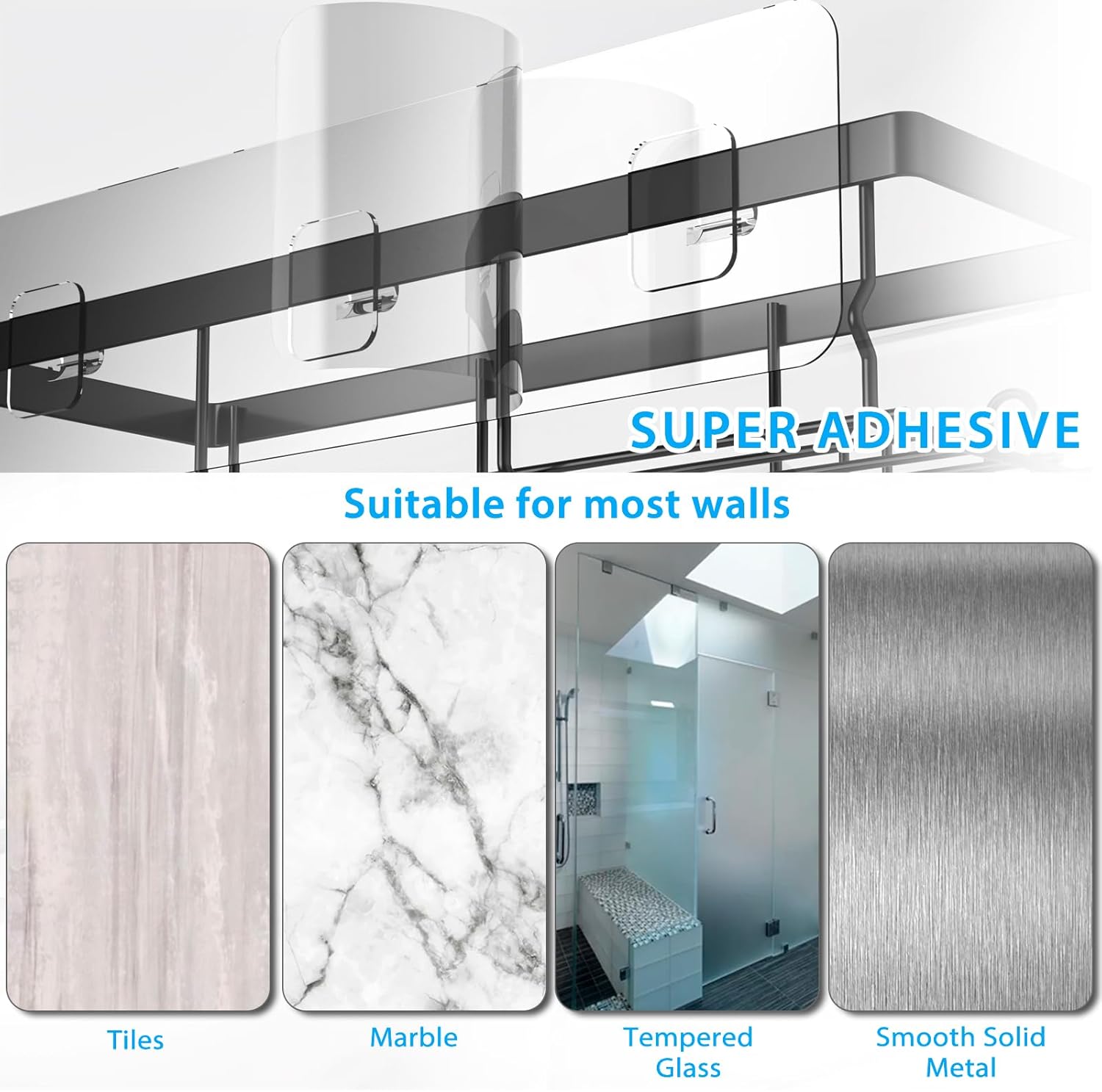 DIFULI Shower Caddy Shelf Organiser 2 Pack, No Drill Black Shower Shelves,Self Adhesive Bathroom Storage Accessories