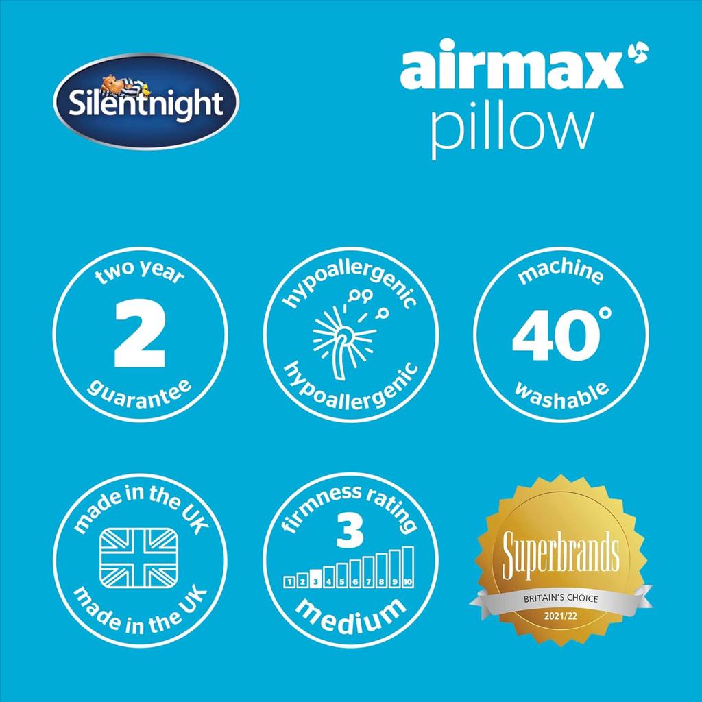 Silentnight Airmax Pillow Pack of 2 – Air Mesh Sides Maximising Airflow Preventing Overheating for a Cool Night's Sleep – Machine Washable and Hypoallergenic Bed Pillow 2 Pack