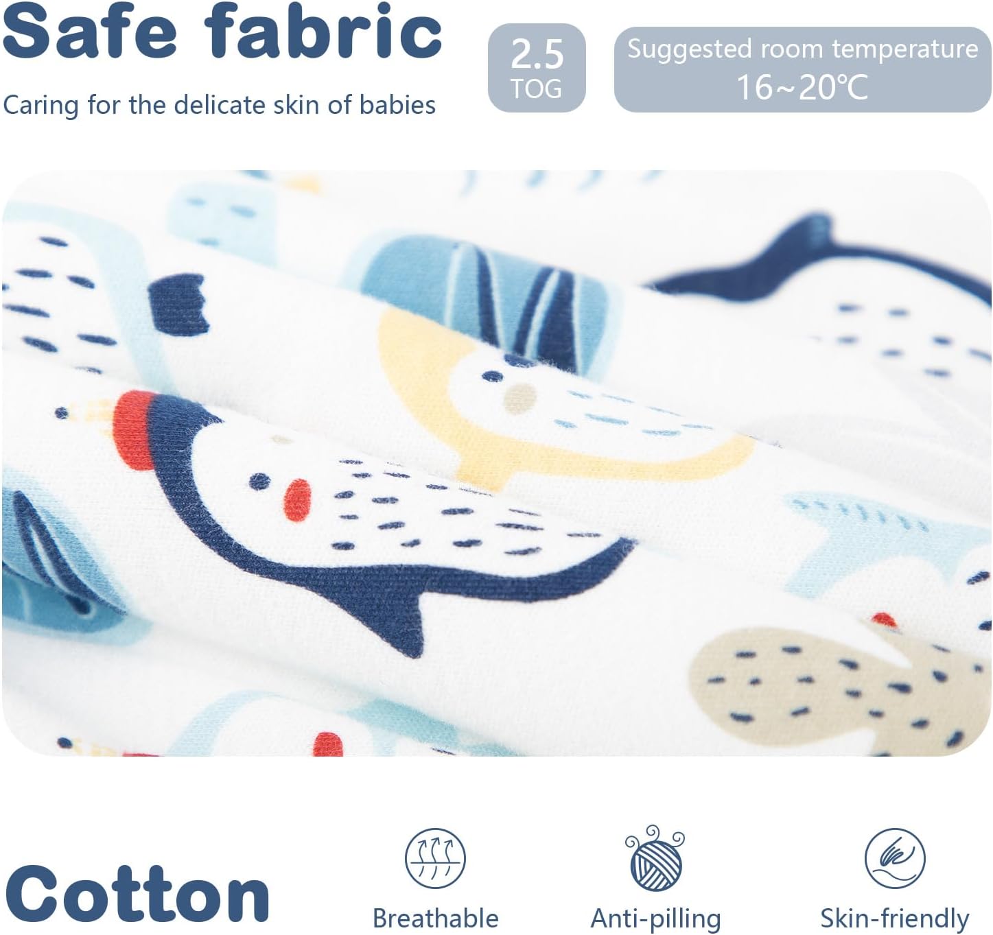 MIKAFEN Baby Winter Sleeping Bag with Feet,100% Cotton Kids Sleeping Bag 2.5Tog with Legs, Blue Penguin 80cm/18-36months