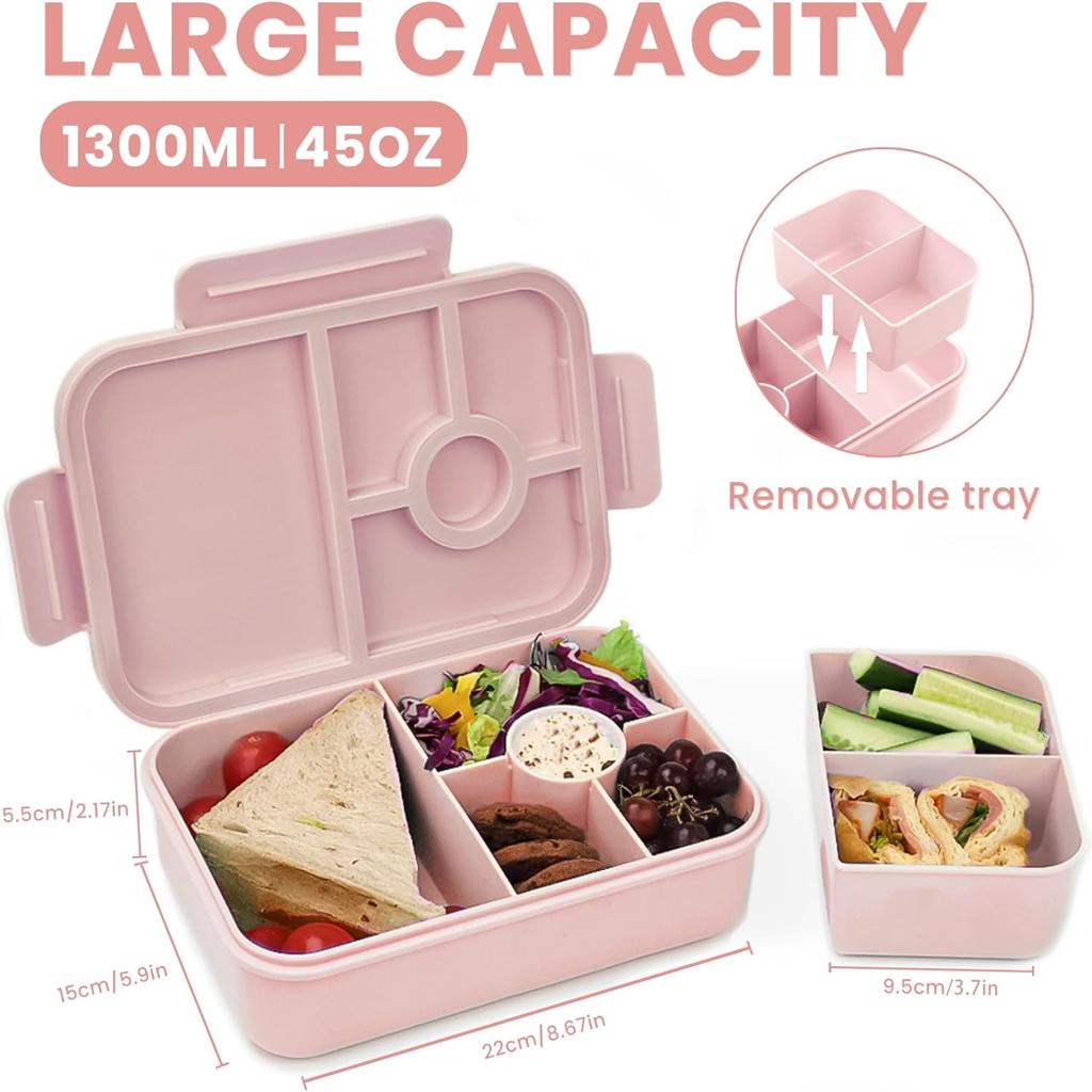 Bugucat Lunch Box 1300ML,Leak-Proof Bento Lunch Box with 4 Compartments,Kids Lunch Box Bento Box Adult with Cutlery, Snack Boxes Bento Boxes with Compartments for School Kindergarten Office,Pink