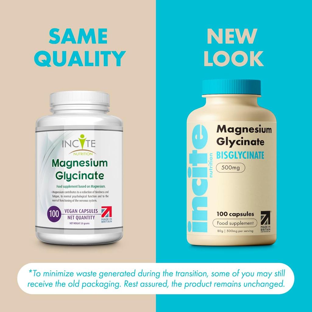 Incite Nutrition Magnesium Glycinate - 500mg - Premium Quality Natural - High Strength 100 Vegan Capsules (3 Month Supply) with Highest Bioavailability - Magnesium Supplements (bisglycinate)