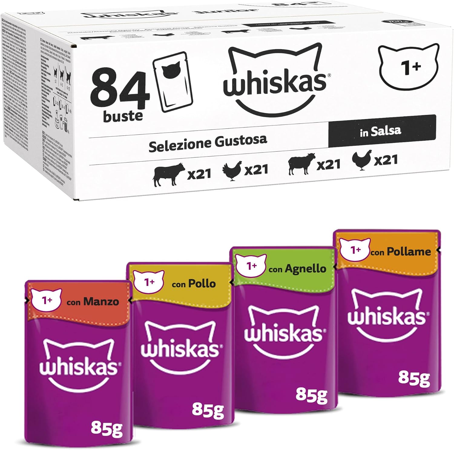 whiskas 1+ Adult Classic Selection in Gravy 84 Pouches, Adult Wet Cat Food, Megapack (84 x 85 g)