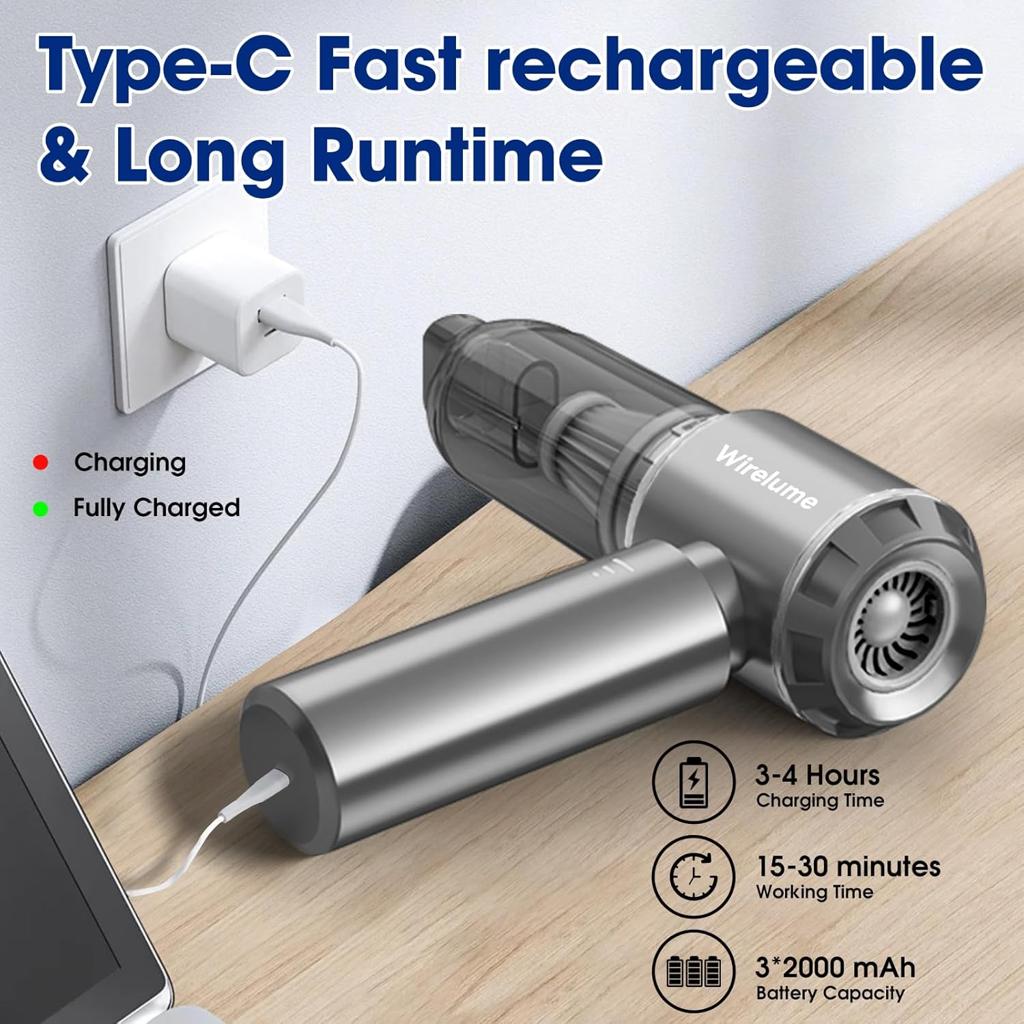 Wirelume Handheld Car Vacuum Cleaner Cordless Powerful 22000Pa Strong Cyclonic Suction Blowing Brushless Motor Portable Rechargable Lightweight for Pet Hair Vehicle Home Office Dark Grey