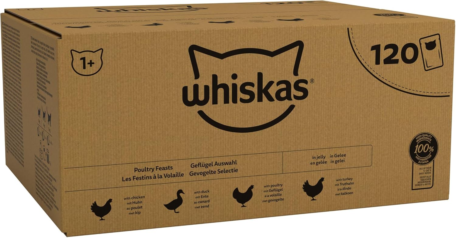 Whiskas 1+ Adult Wet Cat Food Poultry Selection in Jelly 120 x 85g Pouches Megapack, Tender Cuts in Flavoured Gravy, Nutritionally Complete, Easy to Serve, Variety Pack for Adult Cats