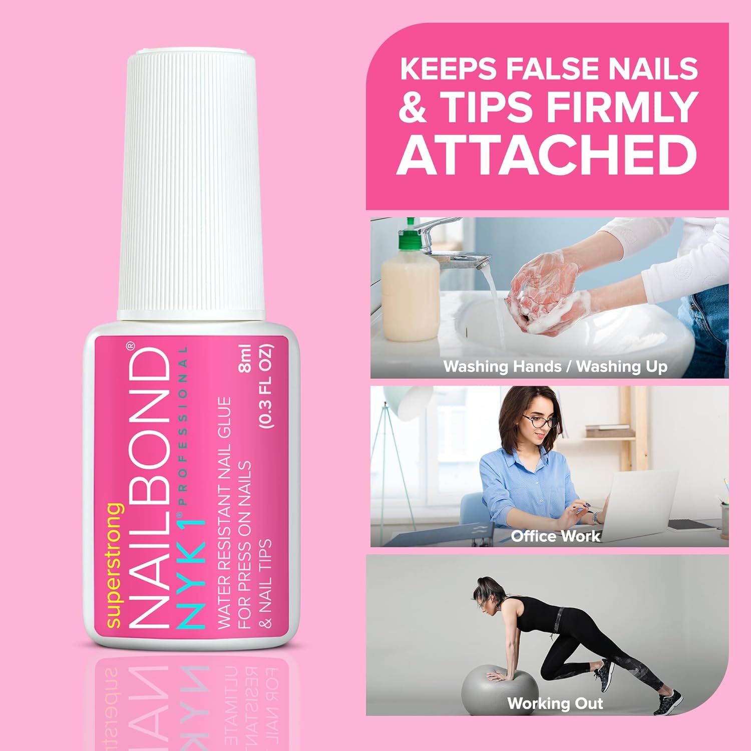 Super Strong Nail Glue for Press On Nails, Tips & False Nails (8ml) NYK1 NailBond Brush On Nail Glue Extra Strong for Press Ons, Tips & Acrylics - Long Lasting, Maximum Strength, Mess-Free Application