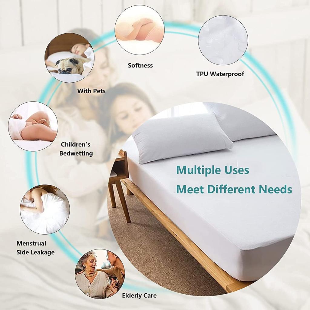 Family Bedding Double Waterproof Mattress Protector - Terry Towel Deep Fitted Mattress Bed Cover - Breathable Cotton Mattress Protector - Mattress Cover for Double Bed. (Double (140x200cm))
