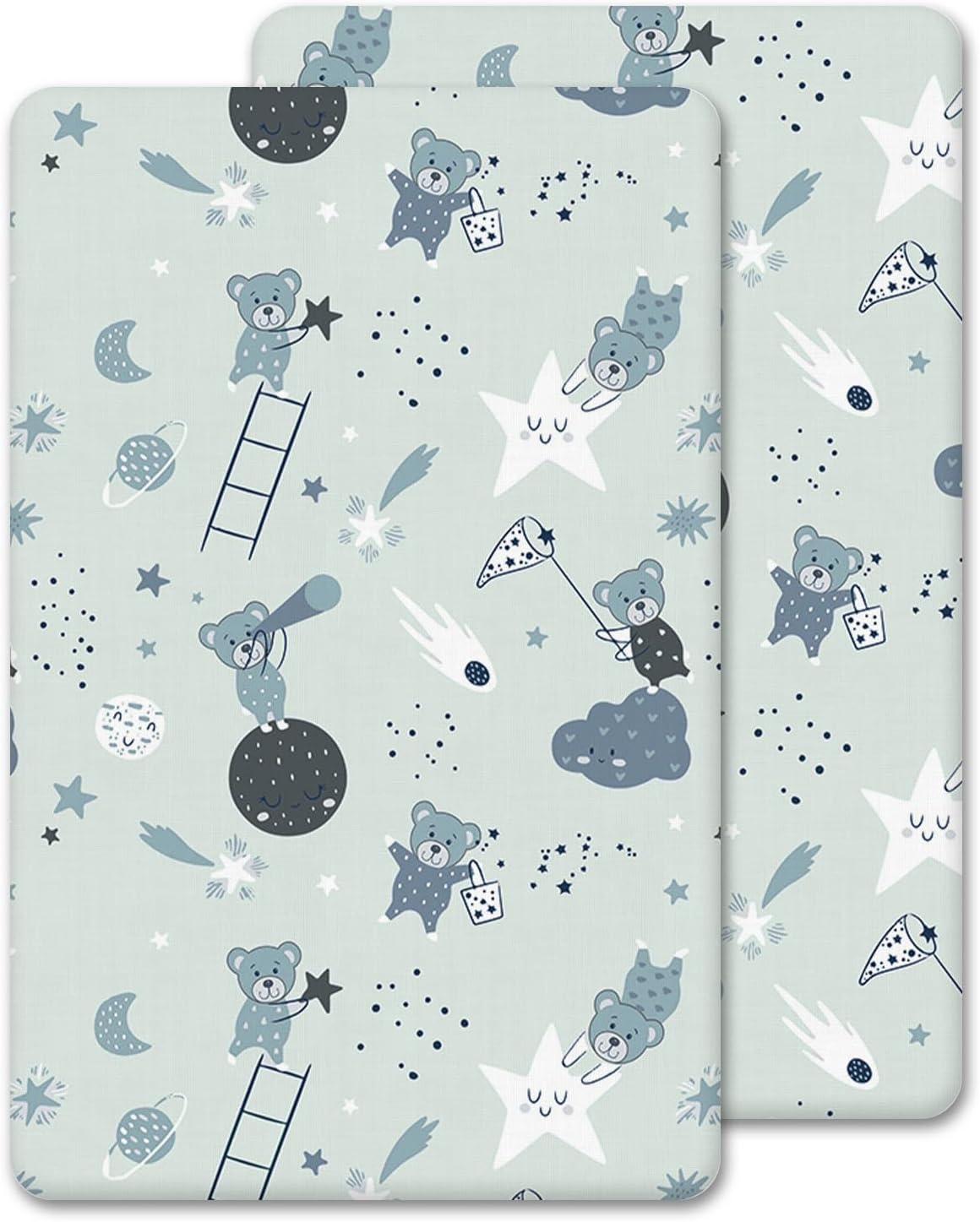 2x Chico, Next to Me Compatible Crib Fitted Sheets (85 x 51 cm) - 100% Cotton, Soft & Comfy, Antiallergic & Breathable (Grey Teddy & Moon, 85 x 51 cm)