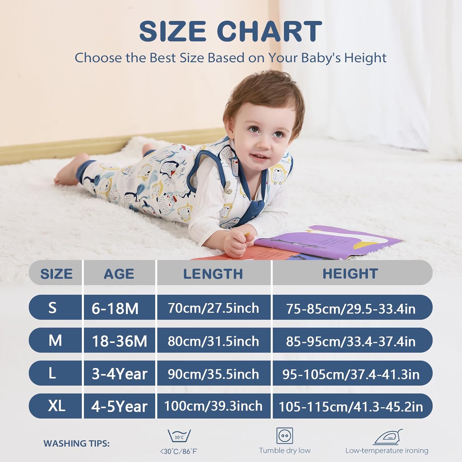 MIKAFEN Baby Winter Sleeping Bag with Feet,100% Cotton Kids Sleeping Bag 2.5Tog with Legs, Blue Penguin 80cm/18-36months