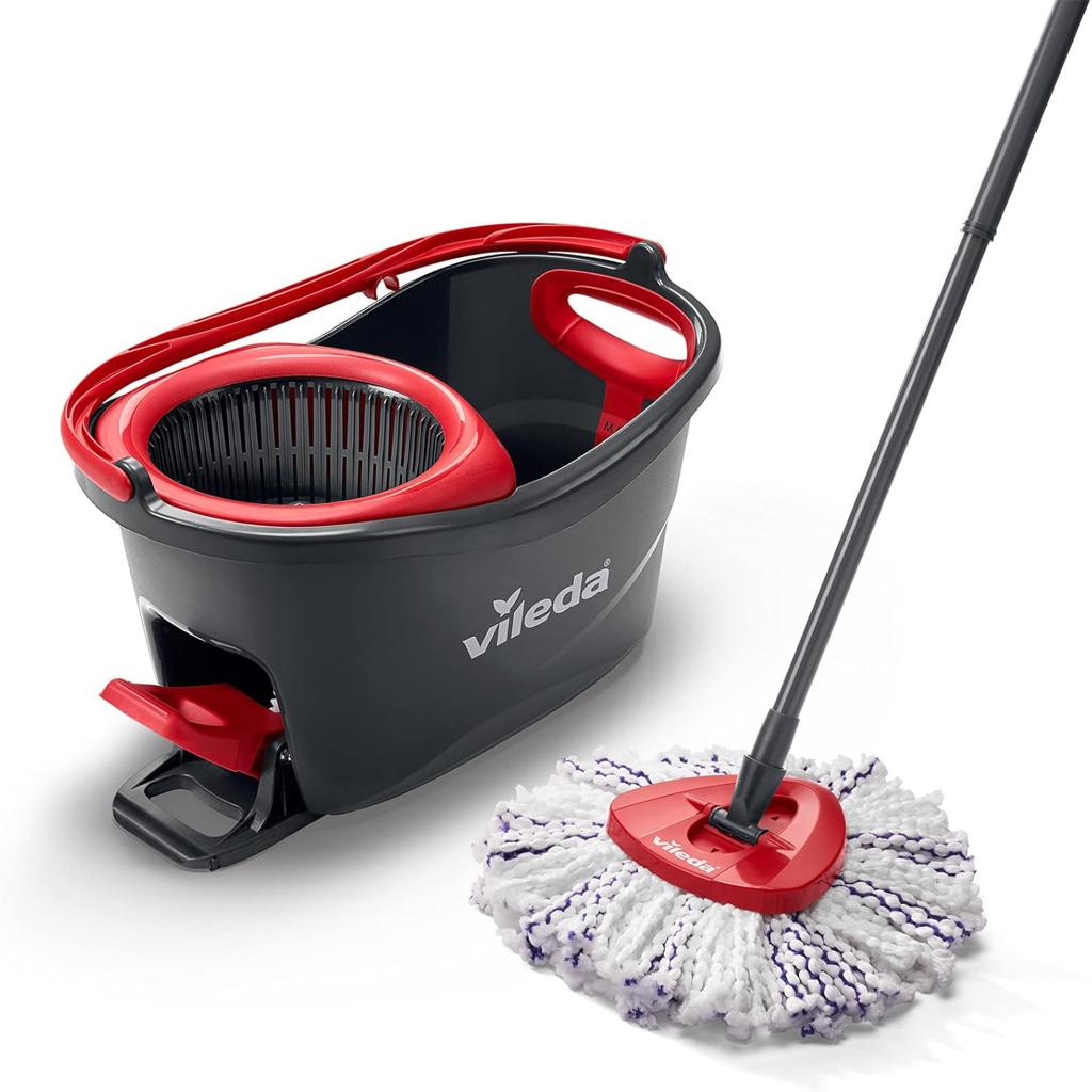 Vileda Turbo 3 in 1 with Microfibre Pad, Spin Mop For Cleaning Floors, Set Of 1x Mop And 1x Bucket, Black/Red