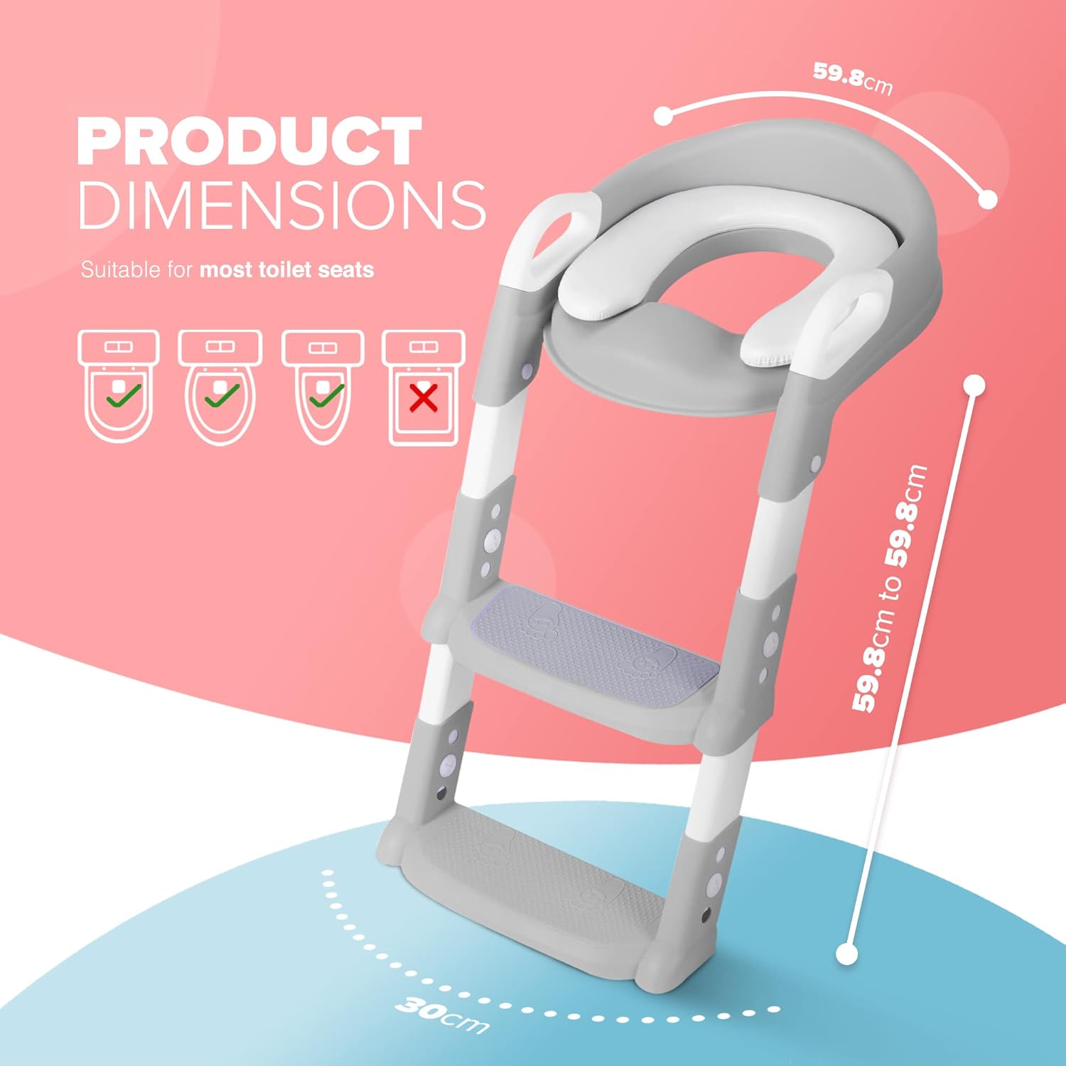 KIDOOLA Adjustable Potty Ladder Seat for Toilet Training with Steps,Handle & Soft Cushion Design Non Slip & Space Efficient Toddlers & Children Foldable & Easy Assembly Splash Guard Included Grey
