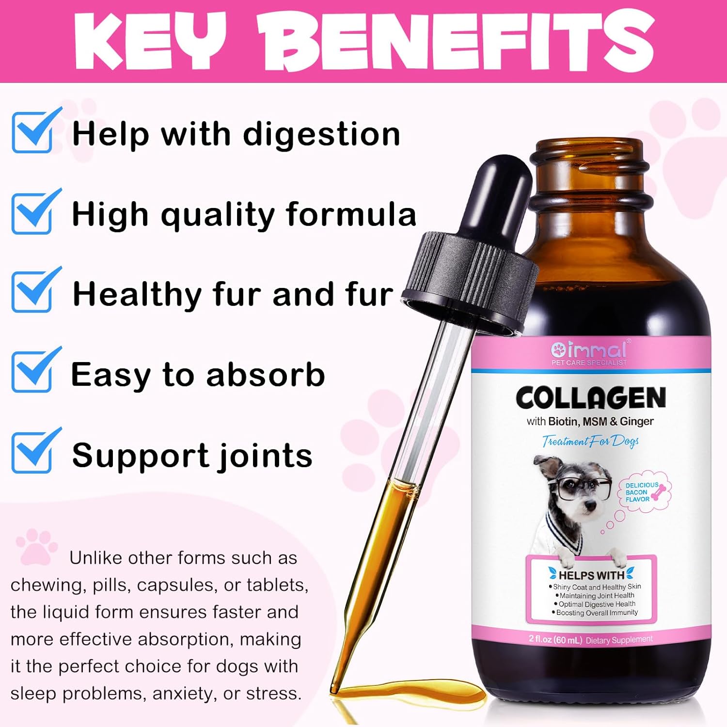Frovetani Liquid Collagen for Dogs | Collagen for Dogs | Liquid Collagen Skin and Coat | Itching Relief for Dogs with Allergies | Skin and Fur Supplement for Dogs Bacon Flavour 2fl.oz