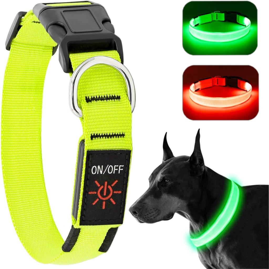 KOSKILL Light-Up Dog Collar, Rechargeable USB Collar, Waterproof, Luminous LED Collar, Adjustable, Super Bright, for Medium/Large Dogs, Green, M