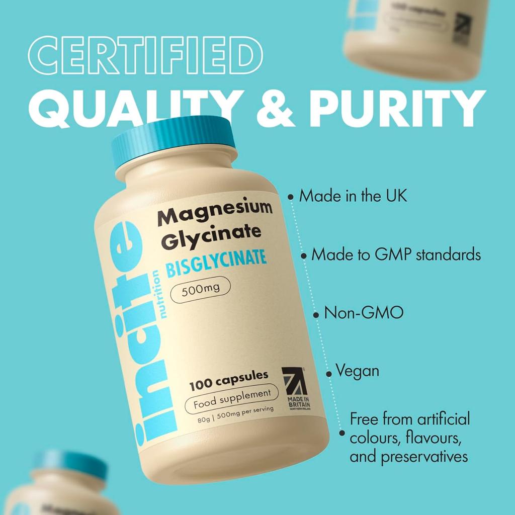 Incite Nutrition Magnesium Glycinate - 500mg - Premium Quality Natural - High Strength 100 Vegan Capsules (3 Month Supply) with Highest Bioavailability - Magnesium Supplements (bisglycinate)