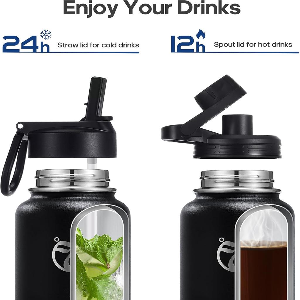 HydroPal Vacuum Insulated Stainless Steel Water Bottle, 1200ml/1000ml/750ml- 2 Lids (Straw Lid and Spout Lid), 2 Straws Water Bottle for 12 Hours Hot & 24 Hours Cold Drinks, Great for Work, Travel