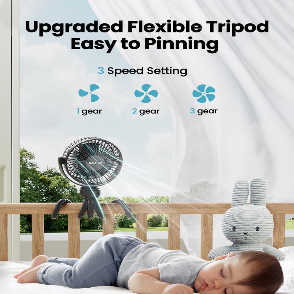 gaiatop Mini Portable Pram Fan, Rechargeable Small Clip on Fan for Stroller, Detachable 3 Speed 360° Rotate Flexible Tripod Handheld Desk Cooling for Car Seat Crib Treadmill Travel Black