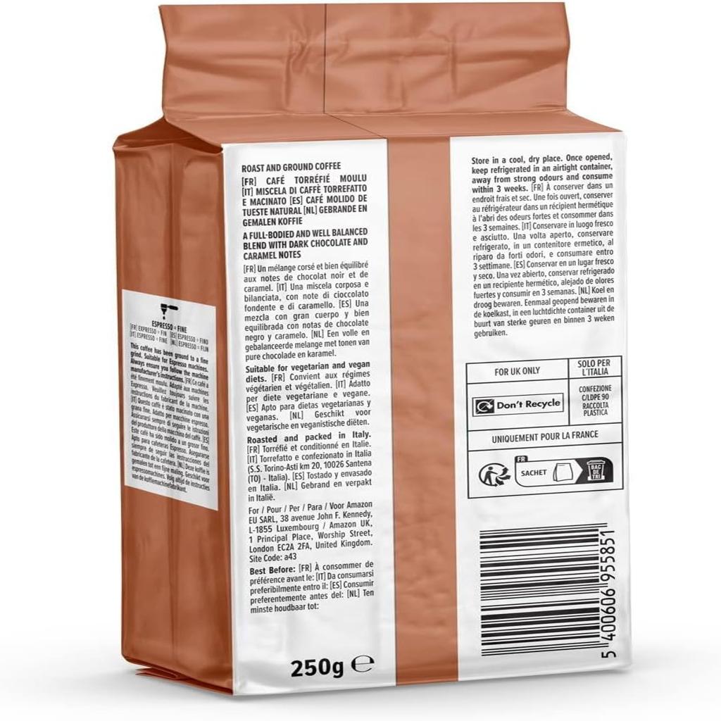 Ground Coffee Espresso Crema, Medium Roast, 250 g, Pack of 4 - Rainforest Alliance Certified