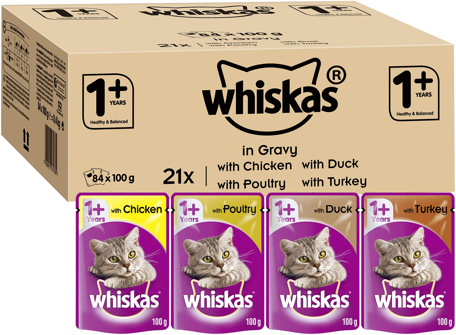 Whiskas 1+ Adult Wet Cat Food Poultry Selection in Jelly 120 x 85g Pouches Megapack, Tender Cuts in Flavoured Gravy, Nutritionally Complete, Easy to Serve, Variety Pack for Adult Cats