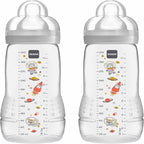 MAM Easy Active Bottles | 2 Pack (2 x 330ml) | Fast Flow MAM Teats Size 3 | Baby Accessories | Beige (Various Designs)