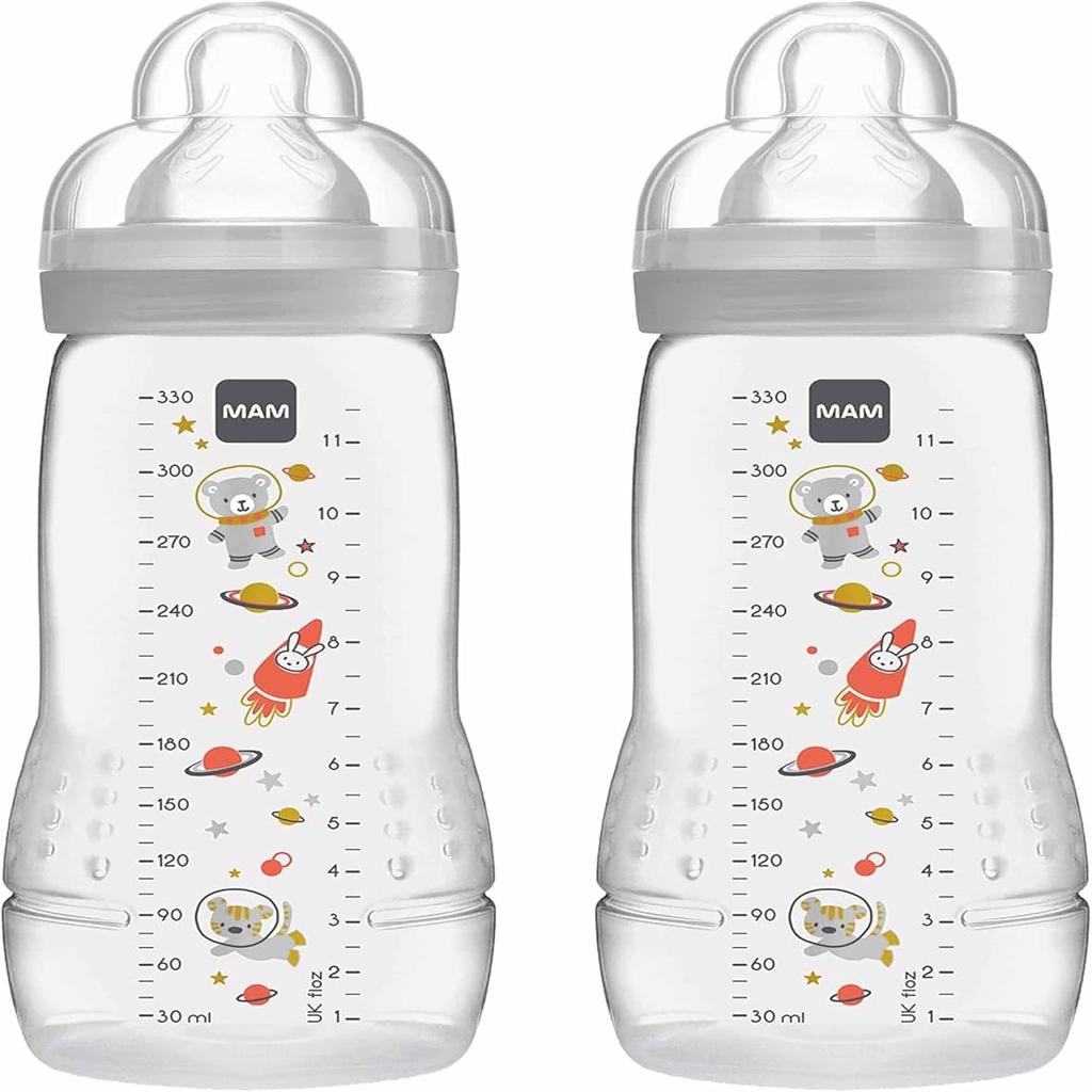 MAM Easy Active Bottles | 2 Pack (2 x 330ml) | Fast Flow MAM Teats Size 3 | Baby Accessories | Beige (Various Designs)