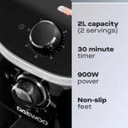 Daewoo 2L Compact Manual Air Fryer – Space-Saving Mini Air Fryer with 80-200°C Temperature Control, 30-Minute Timer, Energy Efficient, Oil-Free Cooking, Healthy Frying for Small Households