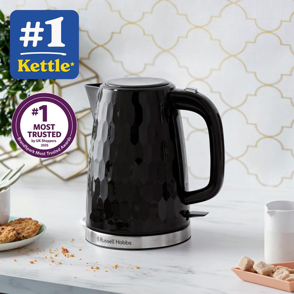 Russell Hobbs Honeycomb Electric 1.7L Cordless Kettle (Fast Boil 3KW, Black premium plastic, matt & high gloss finish, Removable washable anti-scale filter, Push button lid, Perfect pour spout) 26051