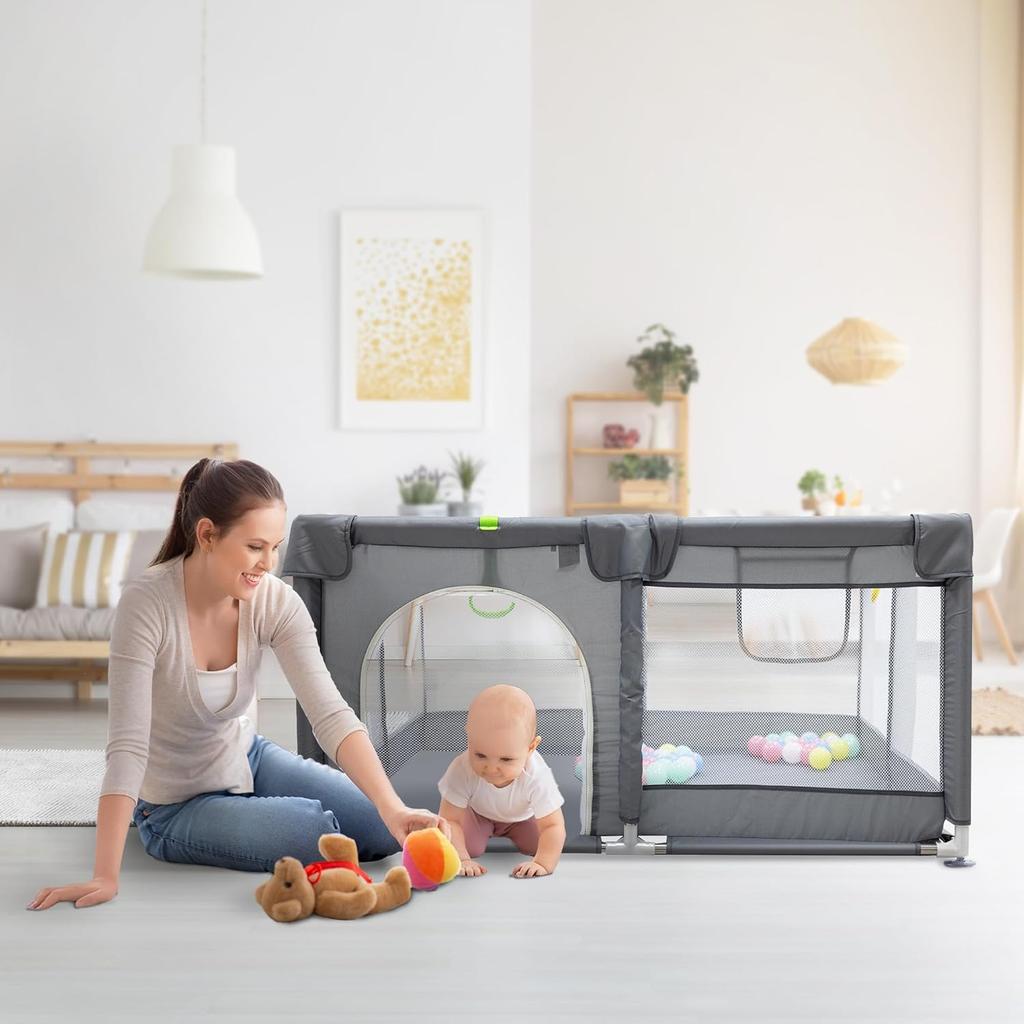 Kidoola Baby Playpen with Padded Frame & Mesh Walls, Balls & Pull Rings Included, for Indoor & Outdoor Use, Toddler Fence - Breathable Mesh, Extra Large Play Yard for Babies Unisex (127x127x65cm)